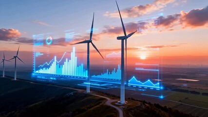 Wind turbines with digital data overlay at sunset - Powered by Adobe