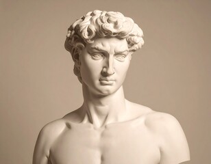 A classical, white marble bust depicts a muscular, young man with furrowed brow, looking downward with a serious expression. Light highlights form on his curly hair