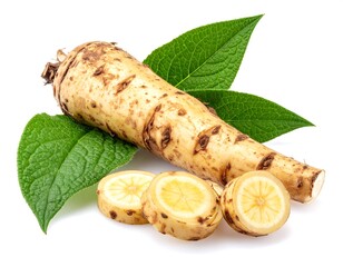 A close-up shot of a horseradish root, some leaves, and cut slices on a white backdrop
