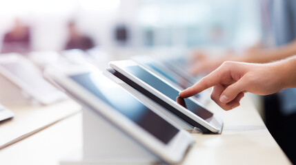 Hands organizing digital tablets in charging dock with blurred background in classroom setting