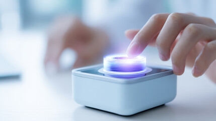 Futuristic technology concept with hand interacting on glowing digital interface device on white table