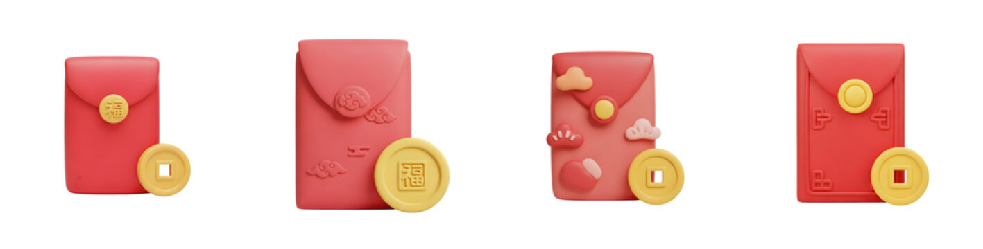Four 3Drendered red envelopes each paired with a yellow coin on a white background The envelopes feature various traditional designs