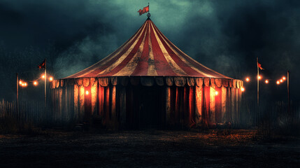  creepy circus tent at night, with lights on and a dark background