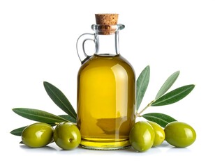 A clear glass bottle of golden olive oil with cork stopper, surrounded by green olives and olive branches on a white background