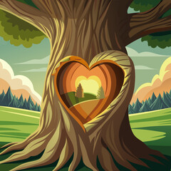 A majestic tree with a heart shaped opening revealing a peaceful landscape