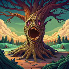 A haunting tree with a screaming face emerges from a magical forest landscape