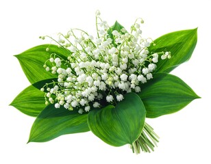 A close-up shot of a lily of the valley bouquet, a cluster of delicate white bell-shaped flowers with green leaves