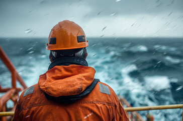 Offshore worker in orange protective gear and hard hat looking at rough sea during a storm, maritime industry professional facing extreme weather on a vessel deck