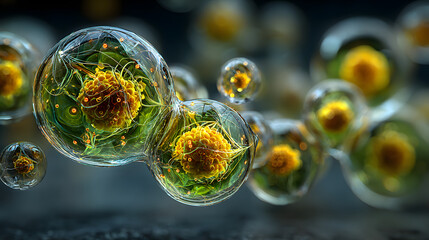 Cluster of glowing green and yellow transparent spheres representing cellular biology, science, and data connections in a vibrant abstract composition