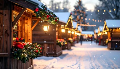 Classic Christmas Market Atmosphere with Evergreen Branches, Ornaments, and Soft Bokeh Lights