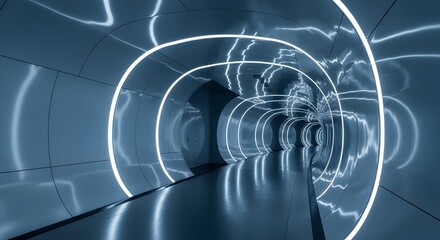 Futuristic tunnel with glowing neon lights, abstract digital art