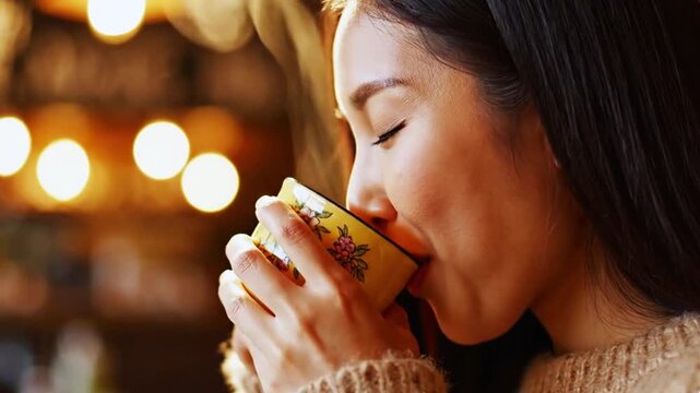 A young woman enjoys a cup of hot coffee