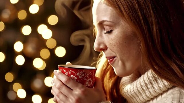 A young woman enjoys a cup of hot coffee