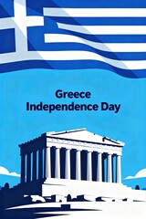 Greece Independence Day illustration with flag and Parthenon silhouette  