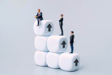 Miniature business people on stacked blocks with upward arrows. Corporate ladder, growth, career progression, corporate hierarchy concept.