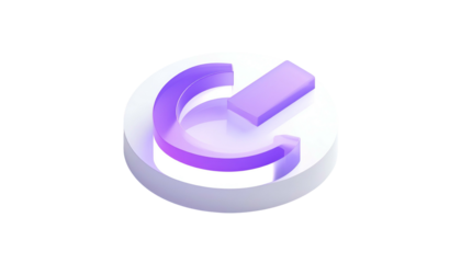 A 3D isometric design against a stark black backdrop. It showcases a stylized, light purple symbol on a white circular base. The symbol has a distinctive form