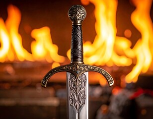 A close-up shot of a medieval sword with intricate designs against a blurred background of a warm fire