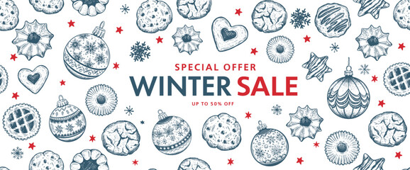 Winter sale, Christmas Cookie and ball set on white, Hand drawn illustration.	
