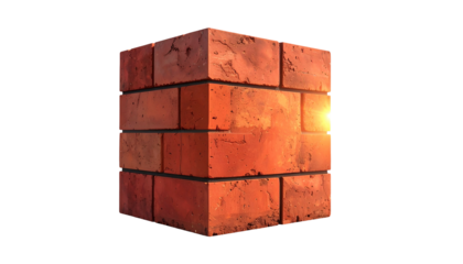 A 3D render of a brick cube, with a rustic, orange-red hue. It shows details of the surface