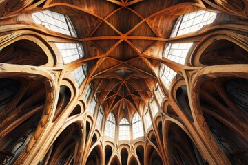 Intricate wooden arches and ribbed vaulting reaching towards a bright skylight in a modern church, showcasing innovative design