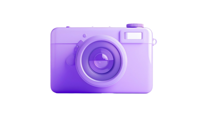 A 3D render of a purple, stylized camera. It has a lens, flash, and various buttons. The background is black, isolating the object