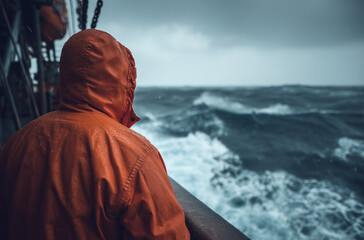 Person in orange raincoat looking out at rough sea from a boat during a storm, maritime industry and commercial fishing in harsh weather conditions