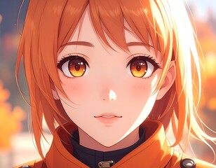 A close-up anime-style portrait of a young woman with orange hair, big brown eyes, and a warm expression, wearing an orange jacket
