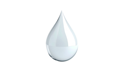 A 3D render of a water droplet isolated on a black background, with a bright white, glossy appearance