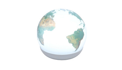 Fototapeta premium A 3D render of the Earth globe, partially lit, resting on a bright white semi-circular platform against a black background