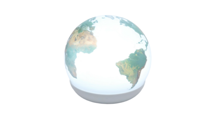 A 3D render of the Earth globe, partially lit, resting on a bright white semi-circular platform against a black background