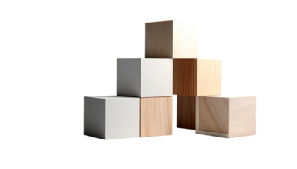 A 3D render of wooden cubes arranged in a pyramidal stack against a black background