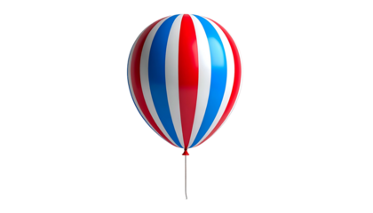 A 3D rendered floating balloon with red, white, and blue vertical stripes against a black background