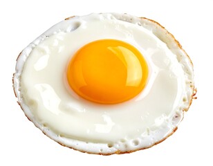 A close-up shot of a perfectly fried egg against a clean white background. The bright yolk sits within the white