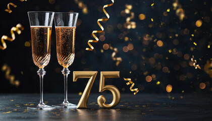 Elegant 75th anniversary celebration with champagne glasses, golden number seventy-five and festive sparkling lights, symbolizing milestone achievement, joy and refined celebration.