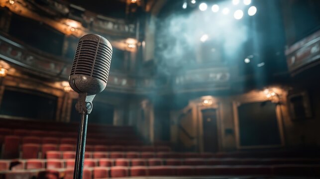 A vintage microphone stands in an empty theater, ready for performance. Lights shine down on the stage, creating a dramatic atmosphere.