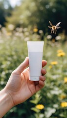 A hand holding a small cream tube while a bee flies nearby, evoking themes of natural skincare, irritation relief, and the context of treating bee stings or swollen skin outdoors.