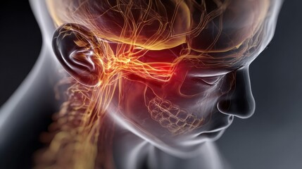 Closeup digital image highlighting a unilateral fiery flare in the trigeminal nerve area demonstrating the sharp localized pain pathway during cluster headaches.