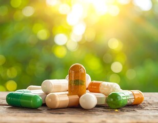 A close-up shot of a pile of pills and capsules on a wooden surface with a blurred green background