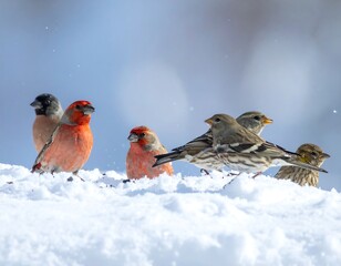 A close-up captures a group of colorful birds, some red and others brown, huddled together on a snowy surface in a winter landscape