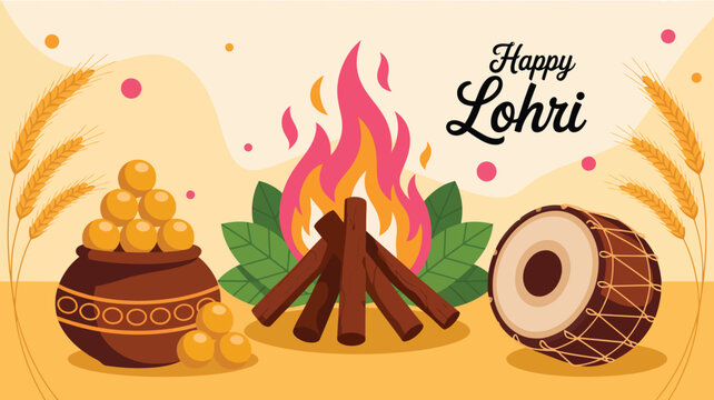 happy lohri festival illustration with bonfire dhol traditional sweets and harvest elements indian punjabi winter celebration design