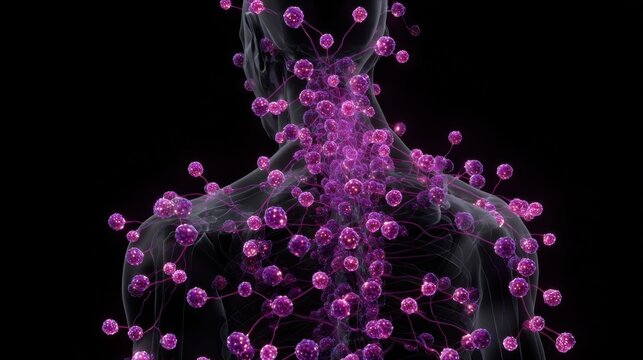 3D image of pulsating magenta nodes over a semitransparent figure illustrating the distribution of fibromyalgia tender spots in a therapeutic context.