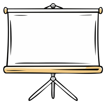 Blank pull down presentation screen on a tripod stand cartoon doodle vector graphic
