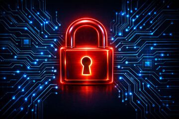 Red glowing padlock on cyber circuit background symbolizing strong digital security data breach prevention and safe insurance protection concepts