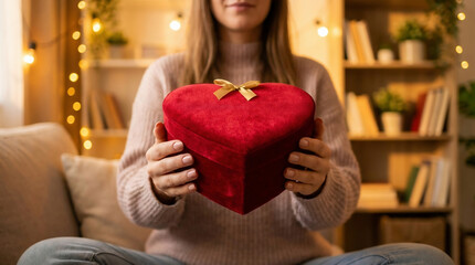Woman holding a red heart-shaped gift box at home, surrounded by warm lights, symbolizing love, affection and Valentine&rsquo;s Day romance in a cozy intimate setting.