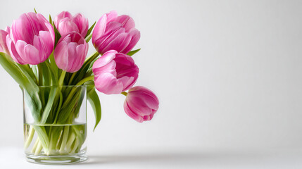Bouquet of fresh pink tulips arranged in a clear glass vase on a white surface, vibrant spring flowers with copy space for mother's day greetings and home interior decoration