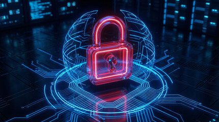 Glowing red cyber padlock securing digital network against data breach insurance risks showing strong protection concept inside blue sphere