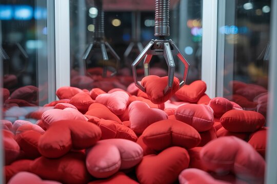 Classic arcade claw machine filled with plush red hearts, symbolizing love, chance, and trying to win a prize for valentine's day
