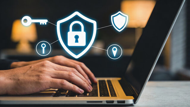 Safe business woman typing on laptop keyboard protecting personal data breach with cyber security insurance technology shield icon interface - Powered by Adobe