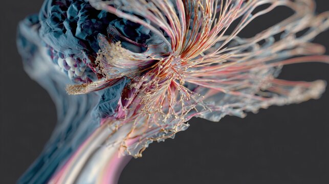 Detailed digital model focusing on suspended otolith debris causing inner ear imbalance visualizing pathophysiology of positional vertigo disorder.