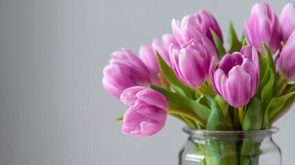 Fresh pink tulips in a glass jar standing against a neutral gray wall, elegant spring bouquet for home interior decoration, celebration, and floral gift background